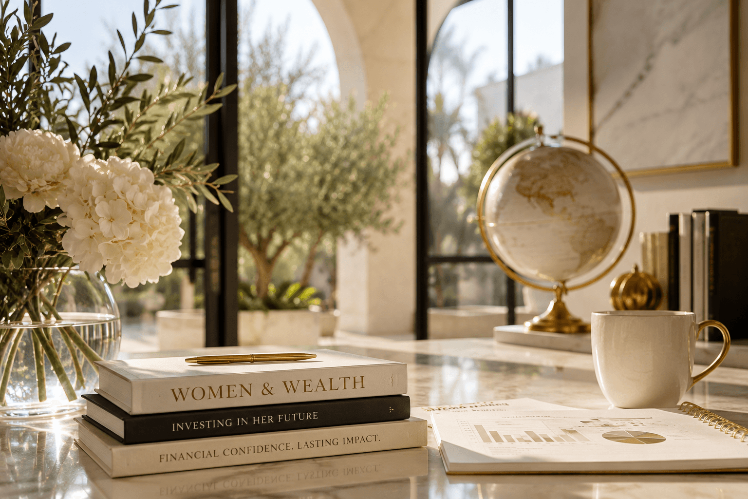Books on women and wealth stacked beside a globe on a sunlit desk