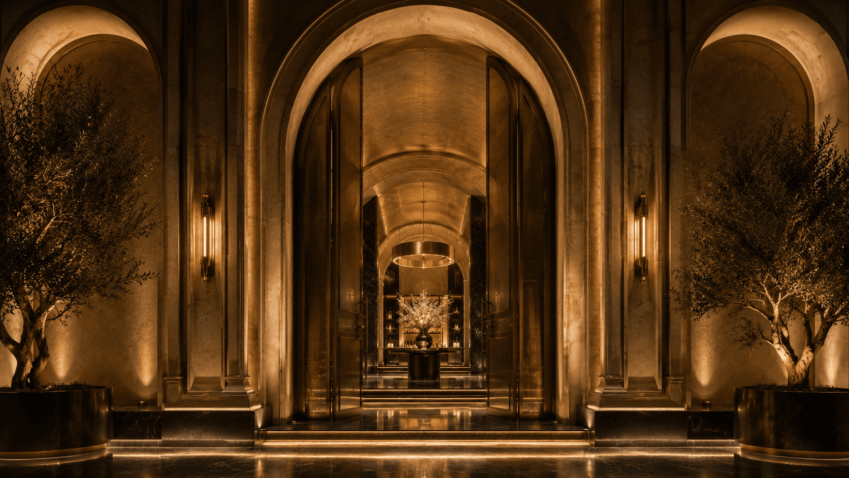 A warmly lit archway entrance flanked by olive trees, opening onto a marble interior